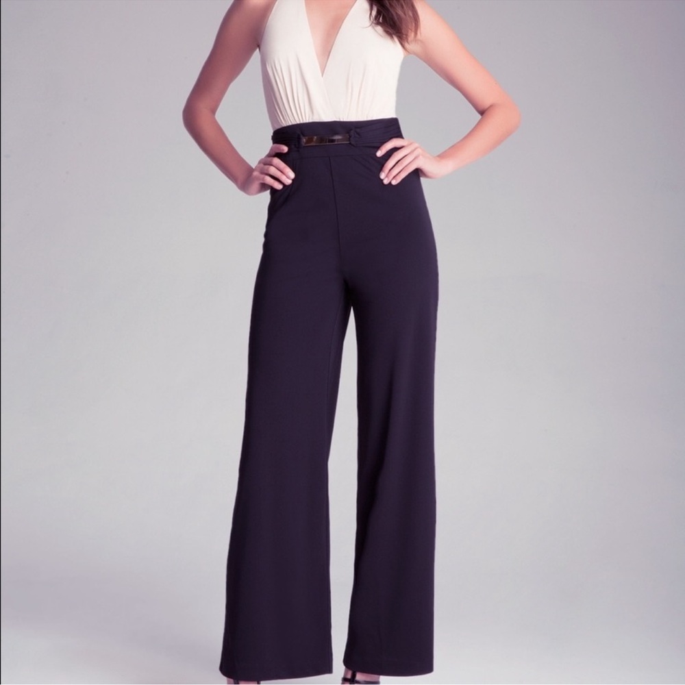 Vintage BEBE Boss V-Neck Black Wide-Leg Faux Belt Metallic Waist NYC Jumpsuit - Picture 2 of 7